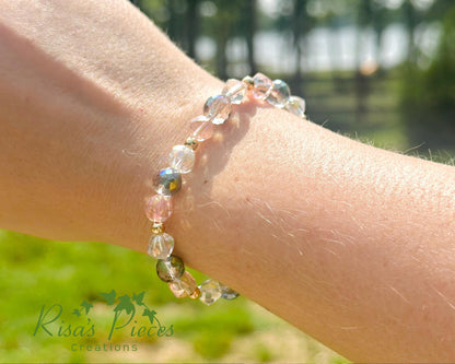 April Showers Crystal Beaded Bracelet, Iridescent Stretch Bracelet, Handmade Jewelry, Spring Gift for Her, Teacher Appreciation, Mothers Day