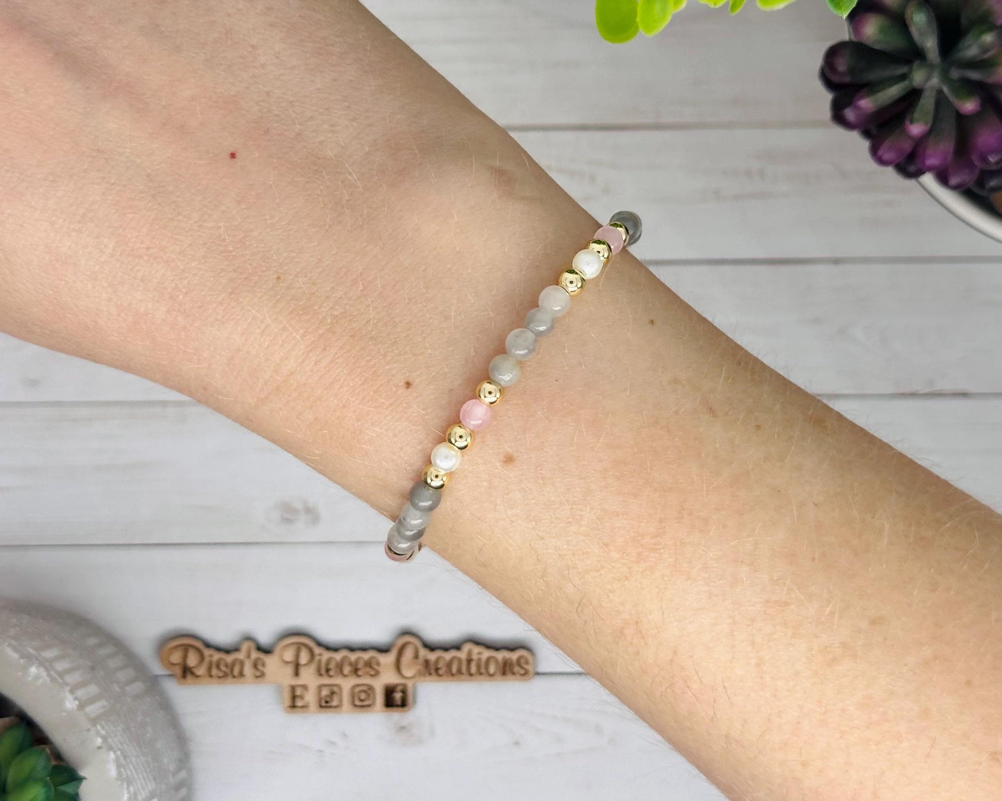 Blush and Fog Dainty Beaded Stretch Bracelet, Handmade Jewelry, Spring Gift for Her, Teacher Appreciation, Mothers Day, Stack Bracelets