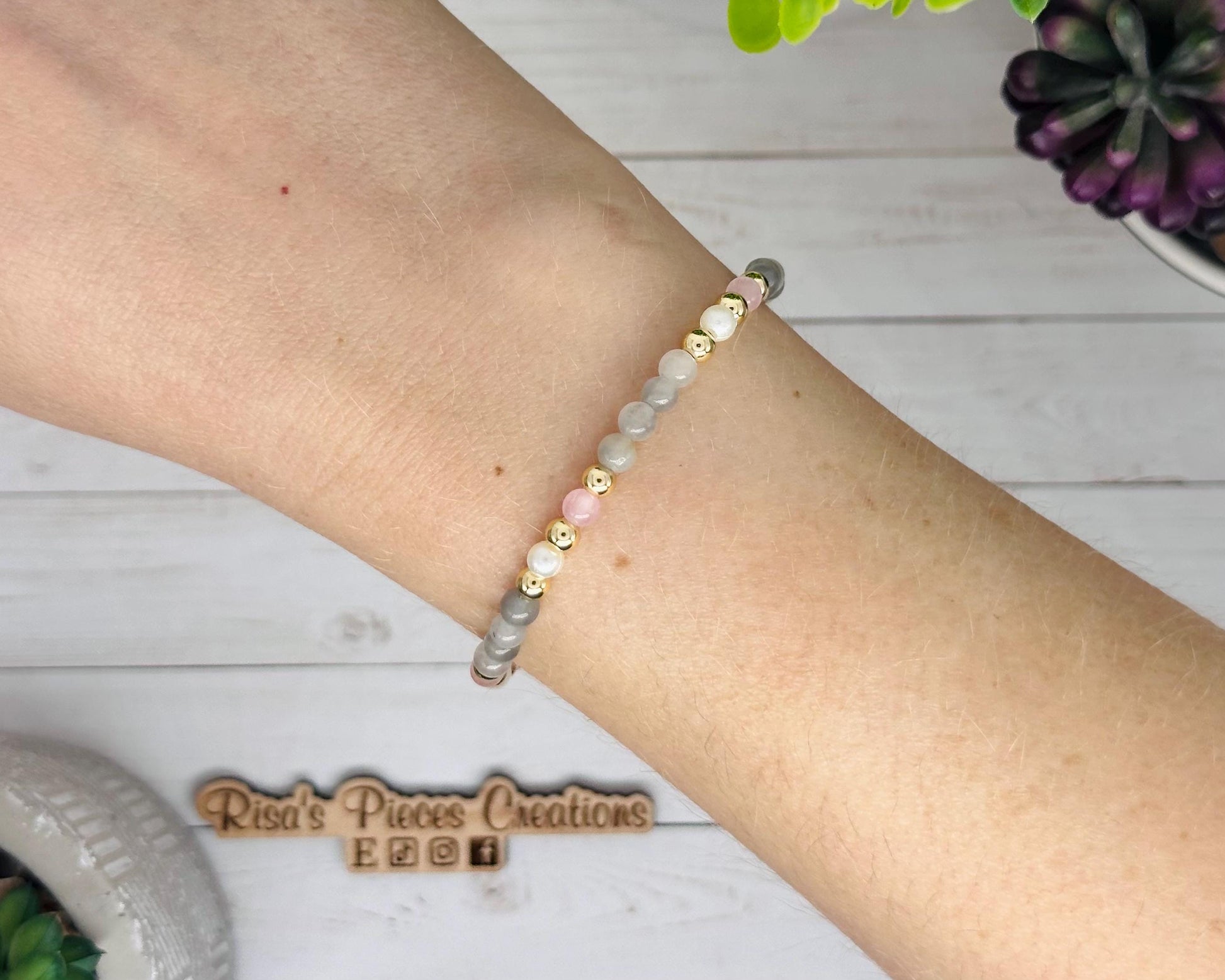 Blush and Fog Dainty Beaded Stretch Bracelet, Handmade Jewelry, Spring Gift for Her, Teacher Appreciation, Mothers Day, Stack Bracelets