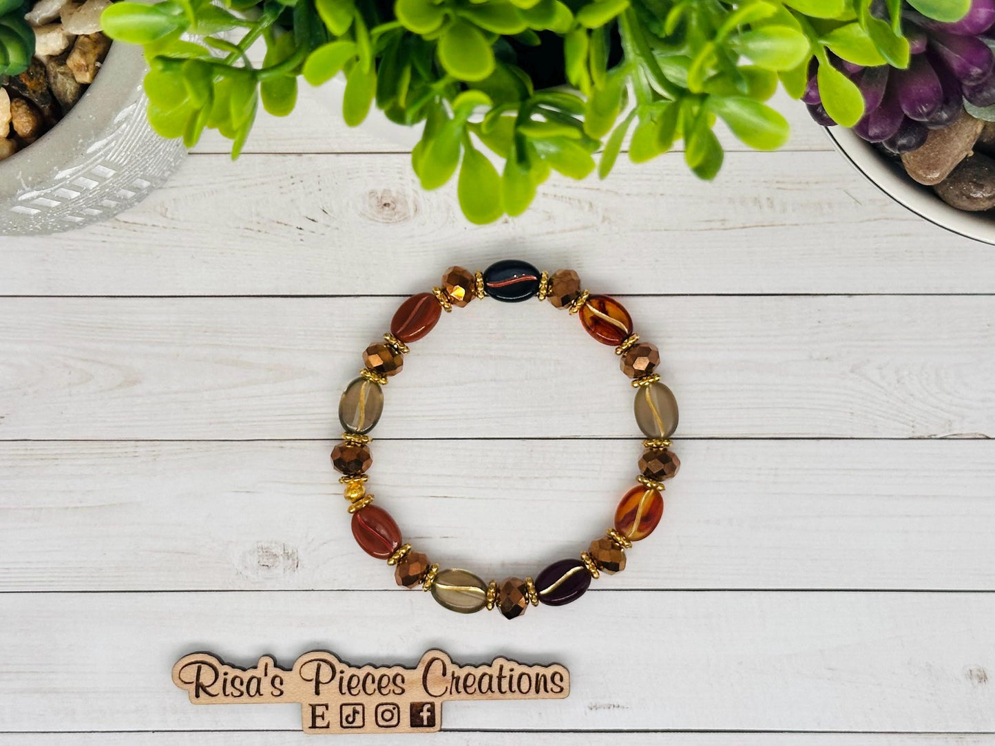 Café Mocha Beaded Stretch Bracelet, Coffee Bean Boho Bead Bracelet, Coffee Lover Gift, Handmade Jewelry, Teacher Appreciation Gift for Her