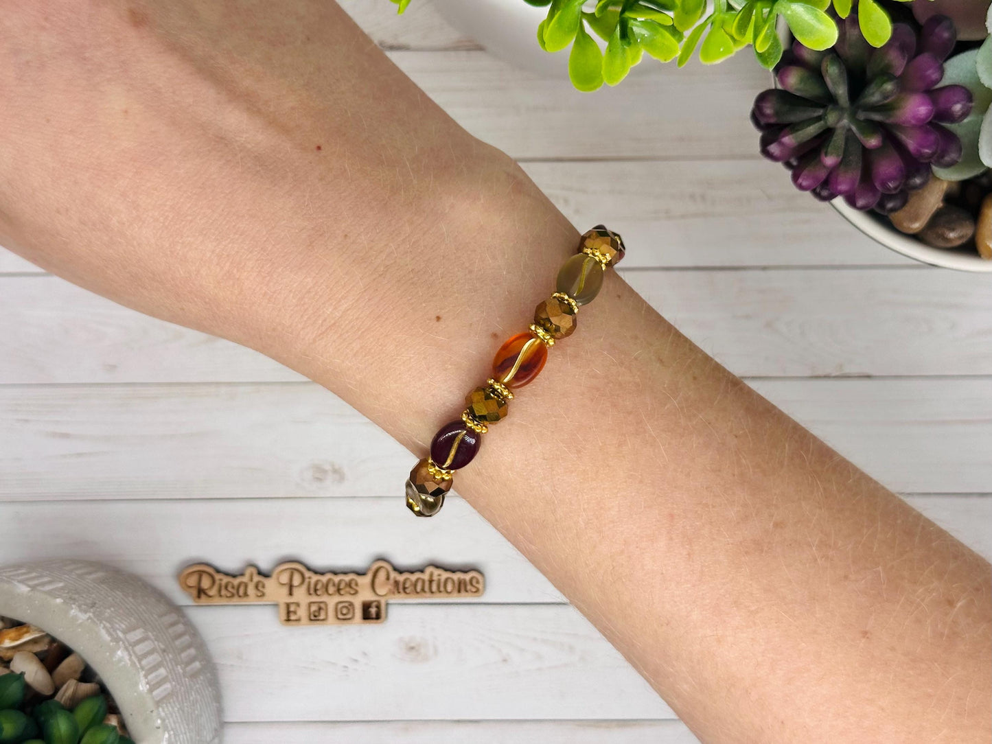 Café Mocha Beaded Stretch Bracelet, Coffee Bean Boho Bead Bracelet, Coffee Lover Gift, Handmade Jewelry, Teacher Appreciation Gift for Her