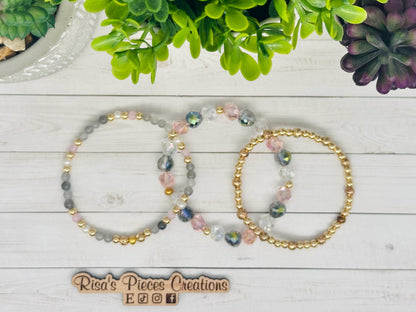 Blush and Fog Dainty Beaded Stretch Bracelet, Handmade Jewelry, Spring Gift for Her, Teacher Appreciation, Mothers Day, Stack Bracelets