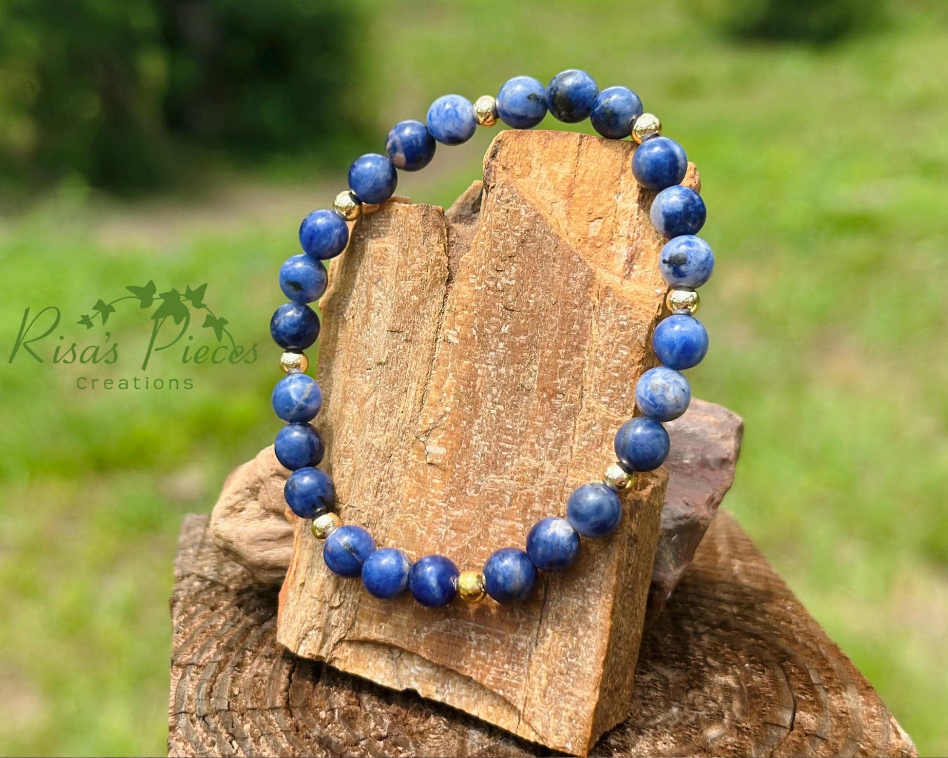 Still Waters Bracelet, Blue Sodalite & Gold Beaded Stretch Bracelet, Handmade Minimalist Gemstone Jewelry, Birthday Gift for Her, For Mom