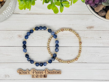 Still Waters Bracelet, Blue Sodalite & Gold Beaded Stretch Bracelet, Handmade Minimalist Gemstone Jewelry, Birthday Gift for Her, For Mom
