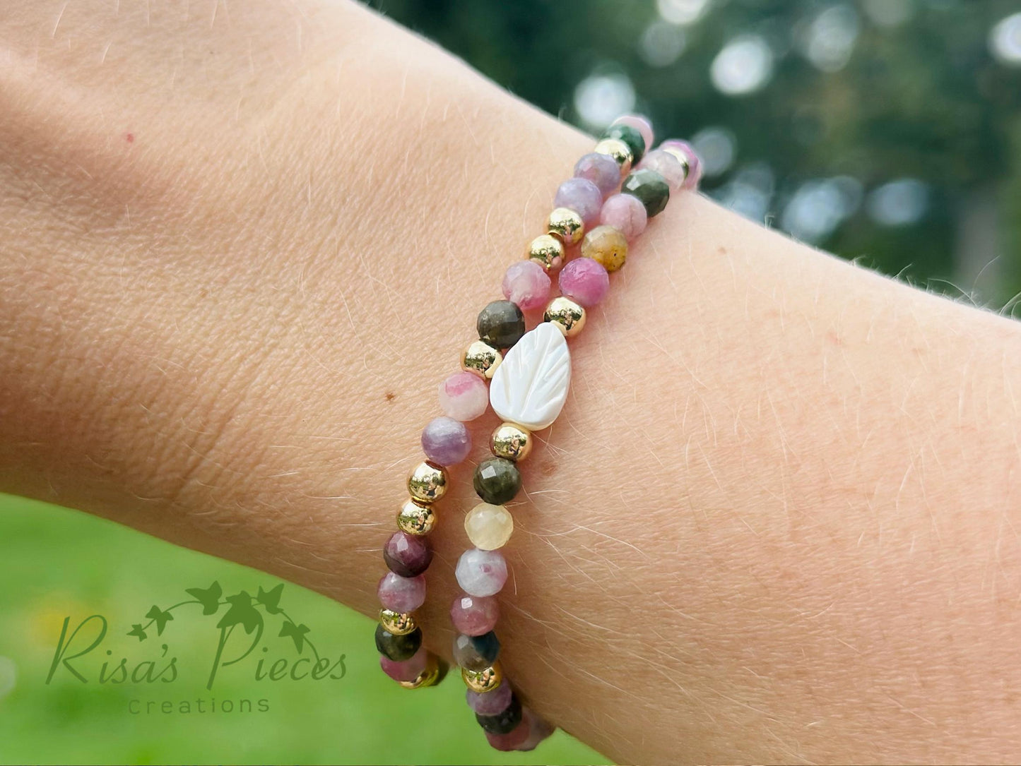 Tourmaline and Gold Gemstone Bracelet Set with Mother of Pearl Carved Leaf, Handmade Minimalist Gemstone Jewelry, Birthday Gift For Mom