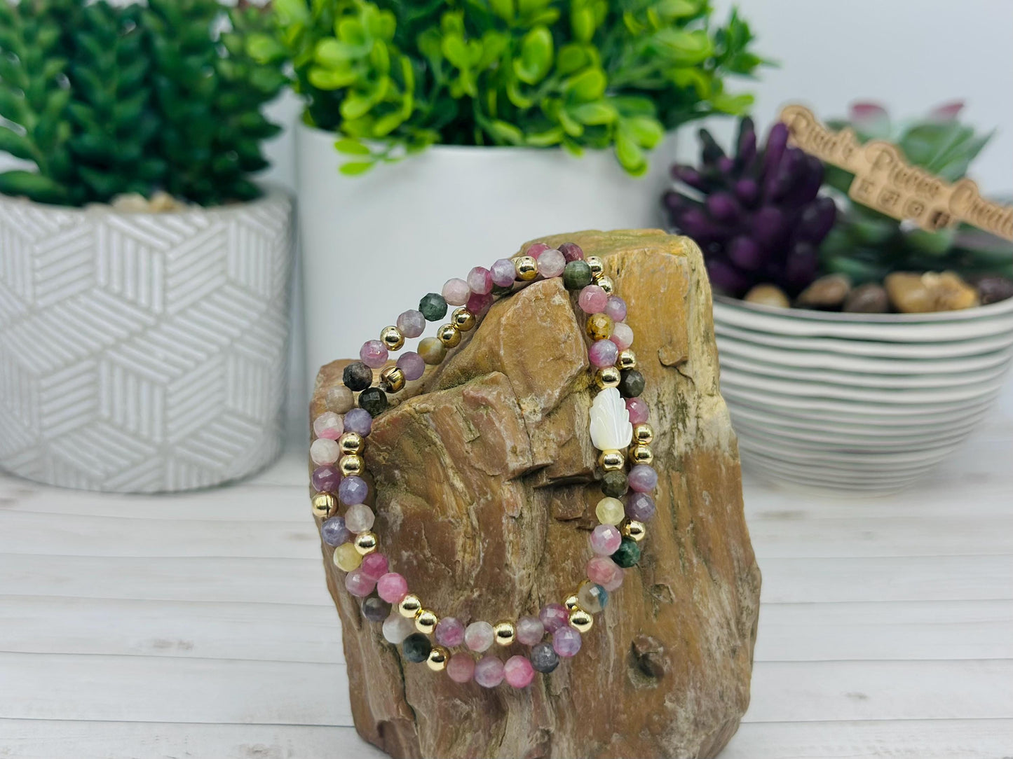 Tourmaline and Gold Gemstone Bracelet Set with Mother of Pearl Carved Leaf, Handmade Minimalist Gemstone Jewelry, Birthday Gift For Mom
