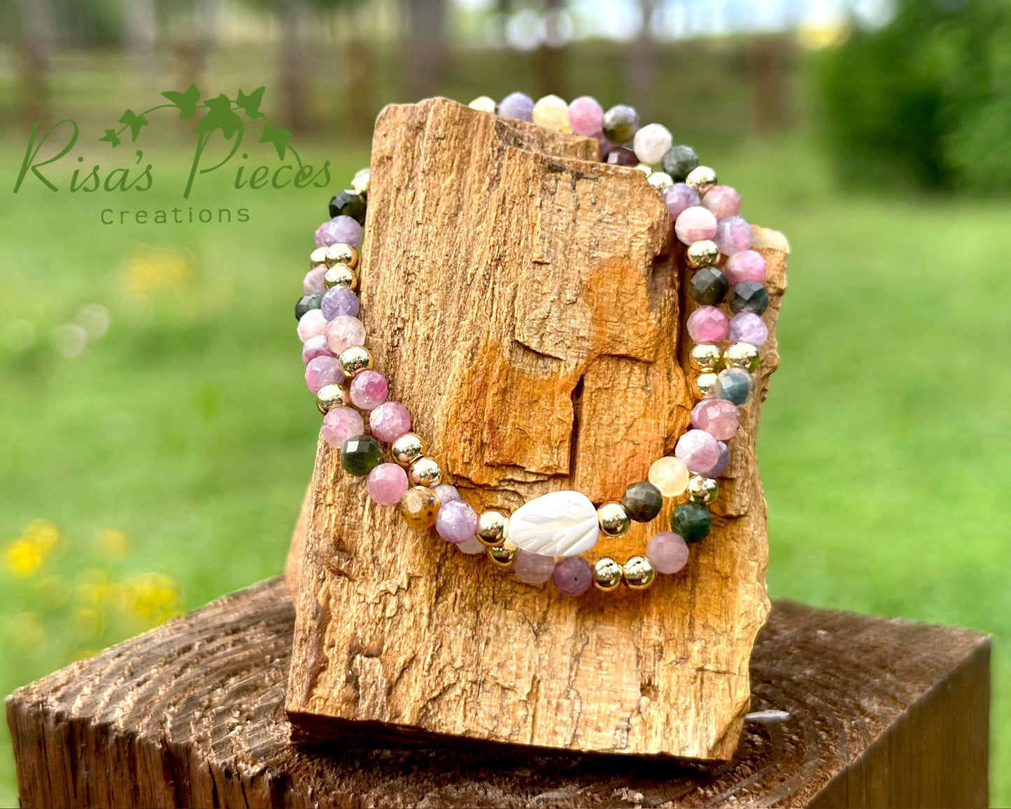 Tourmaline and Gold Gemstone Bracelet Set with Mother of Pearl Carved Leaf, Handmade Minimalist Gemstone Jewelry, Birthday Gift For Mom