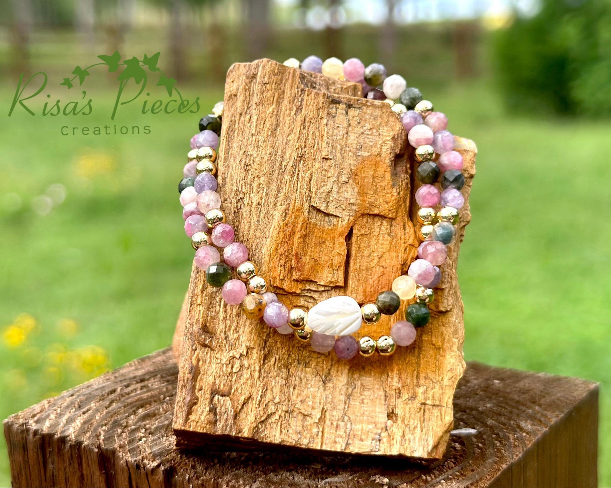Tourmaline and Gold Gemstone Bracelet Set with Mother of Pearl Carved Leaf, Handmade Minimalist Gemstone Jewelry, Birthday Gift For Mom