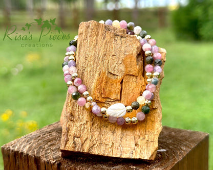 Tourmaline and Gold Gemstone Bracelet Set with Mother of Pearl Carved Leaf, Handmade Minimalist Gemstone Jewelry, Birthday Gift For Mom