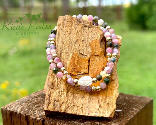 Tourmaline and Gold Gemstone Bracelet Set with Mother of Pearl Carved Leaf, Handmade Minimalist Gemstone Jewelry, Birthday Gift For Mom