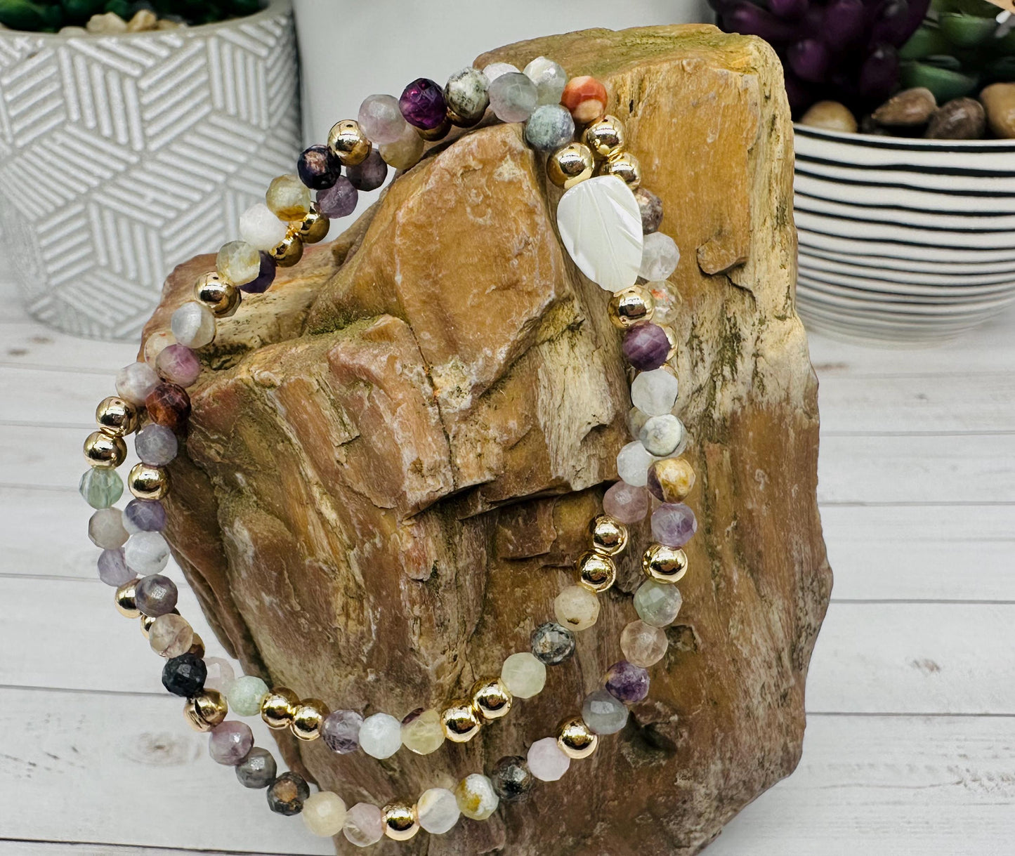 Faceted Mixed Gemstone and Gold Beaded Stretch Bracelet Set, Mother of Pearl Leaf, Handmade Gemstone Jewelry, Birthday Gift For Mom, for Her