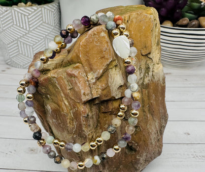 Faceted Mixed Gemstone and Gold Beaded Stretch Bracelet Set, Mother of Pearl Leaf, Handmade Gemstone Jewelry, Birthday Gift For Mom, for Her