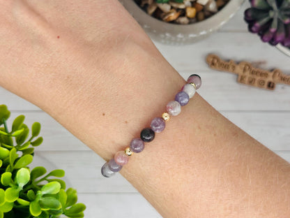 Wisteria Mist Pink Purple Tourmaline and Gold Beaded Stretch Bracelet, Handmade Gemstone Jewelry, Birthday Gift For Mom, Ideas for Her