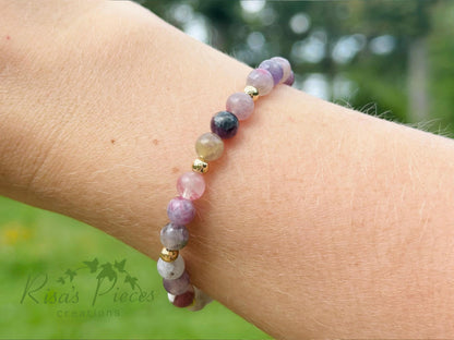 Wisteria Mist Pink Purple Tourmaline and Gold Beaded Stretch Bracelet, Handmade Gemstone Jewelry, Birthday Gift For Mom, Ideas for Her