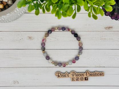 Wisteria Mist Pink Purple Tourmaline and Gold Beaded Stretch Bracelet, Handmade Gemstone Jewelry, Birthday Gift For Mom, Ideas for Her
