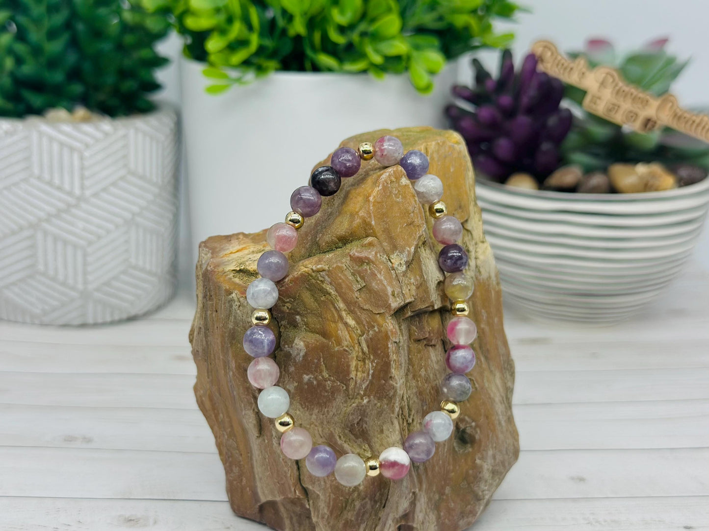 Wisteria Mist Pink Purple Tourmaline and Gold Beaded Stretch Bracelet, Handmade Gemstone Jewelry, Birthday Gift For Mom, Ideas for Her