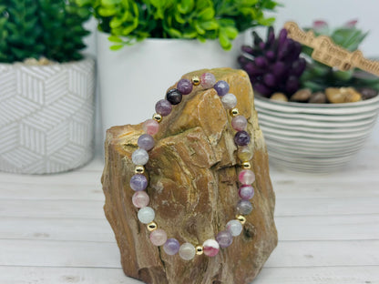 Wisteria Mist Pink Purple Tourmaline and Gold Beaded Stretch Bracelet, Handmade Gemstone Jewelry, Birthday Gift For Mom, Ideas for Her