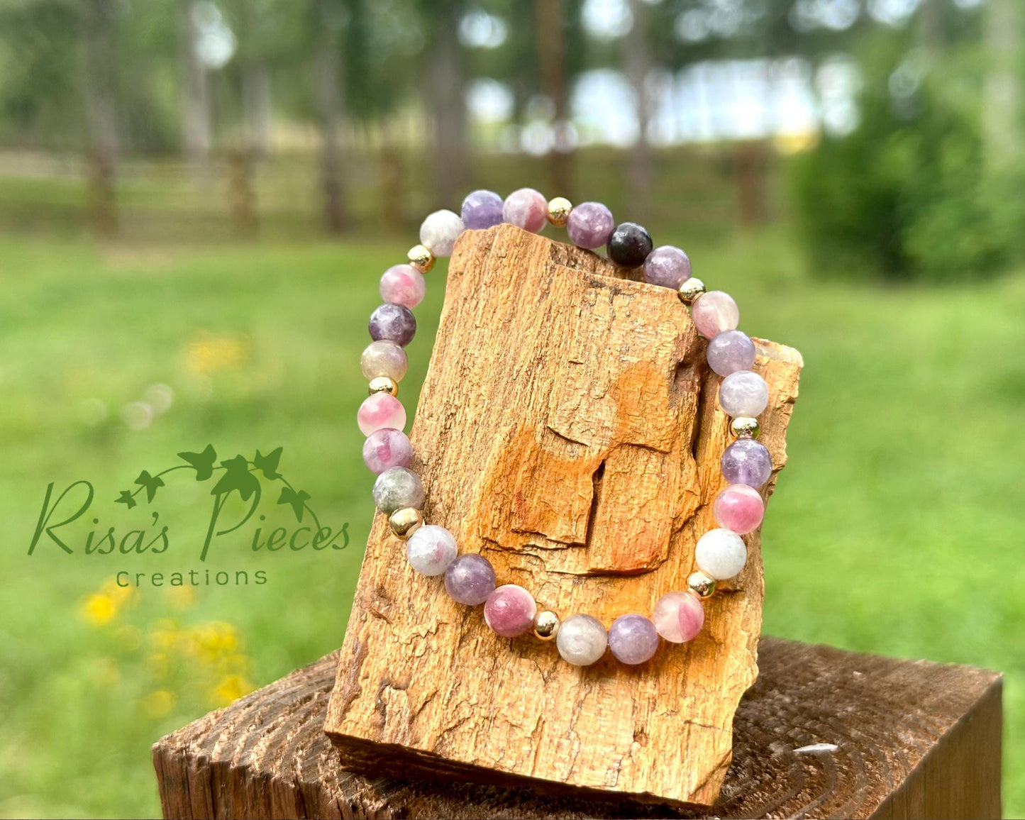 Wisteria Mist Pink Purple Tourmaline and Gold Beaded Stretch Bracelet, Handmade Gemstone Jewelry, Birthday Gift For Mom, Ideas for Her
