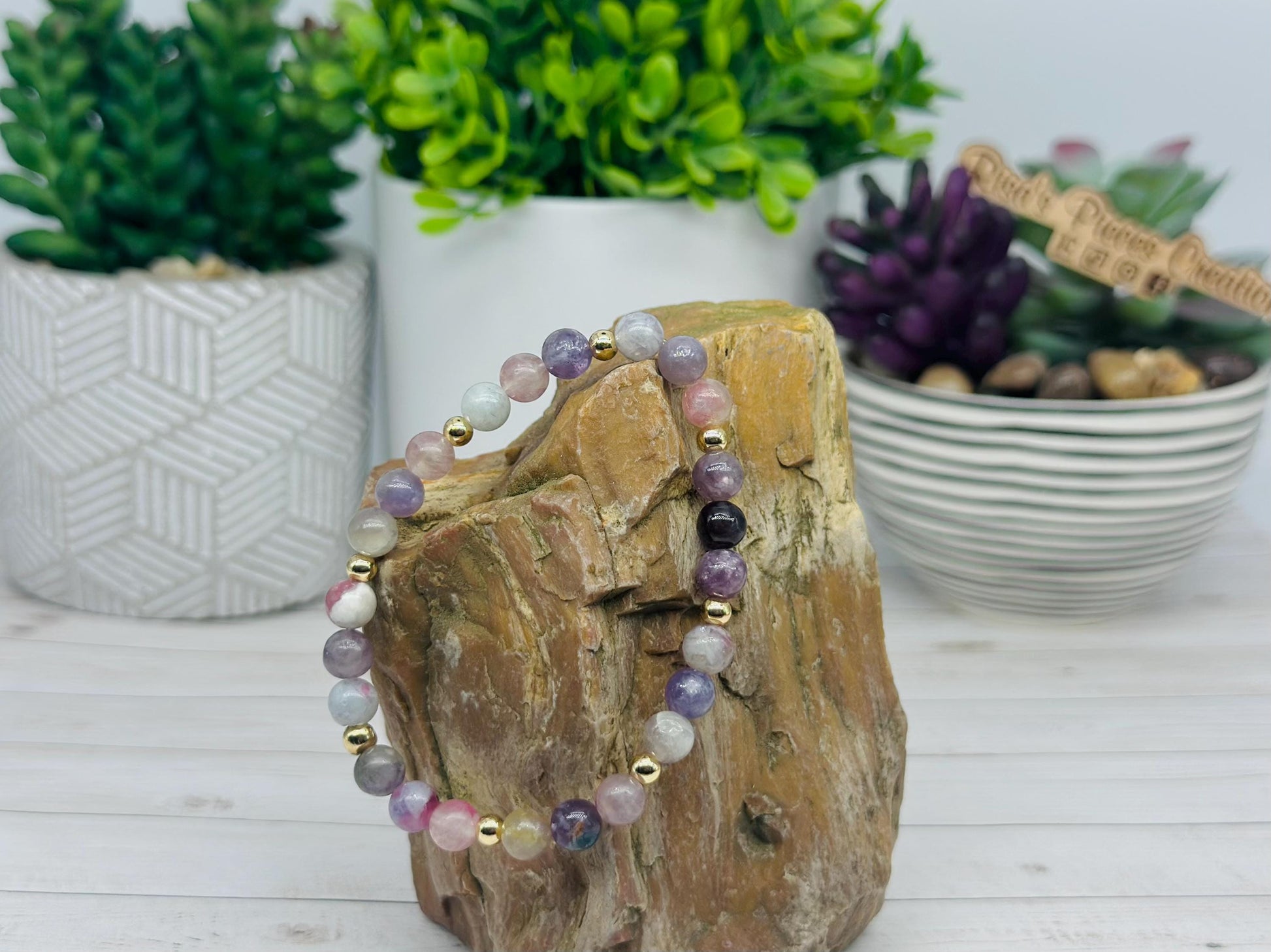 Wisteria Mist Pink Purple Tourmaline and Gold Beaded Stretch Bracelet, Handmade Gemstone Jewelry, Birthday Gift For Mom, Ideas for Her