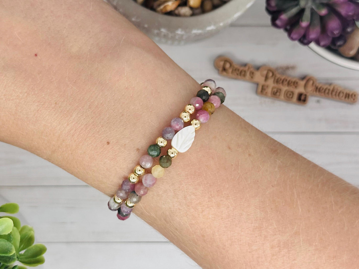 Tourmaline and Gold Gemstone Bracelet Set with Mother of Pearl Carved Leaf, Handmade Minimalist Gemstone Jewelry, Birthday Gift For Mom