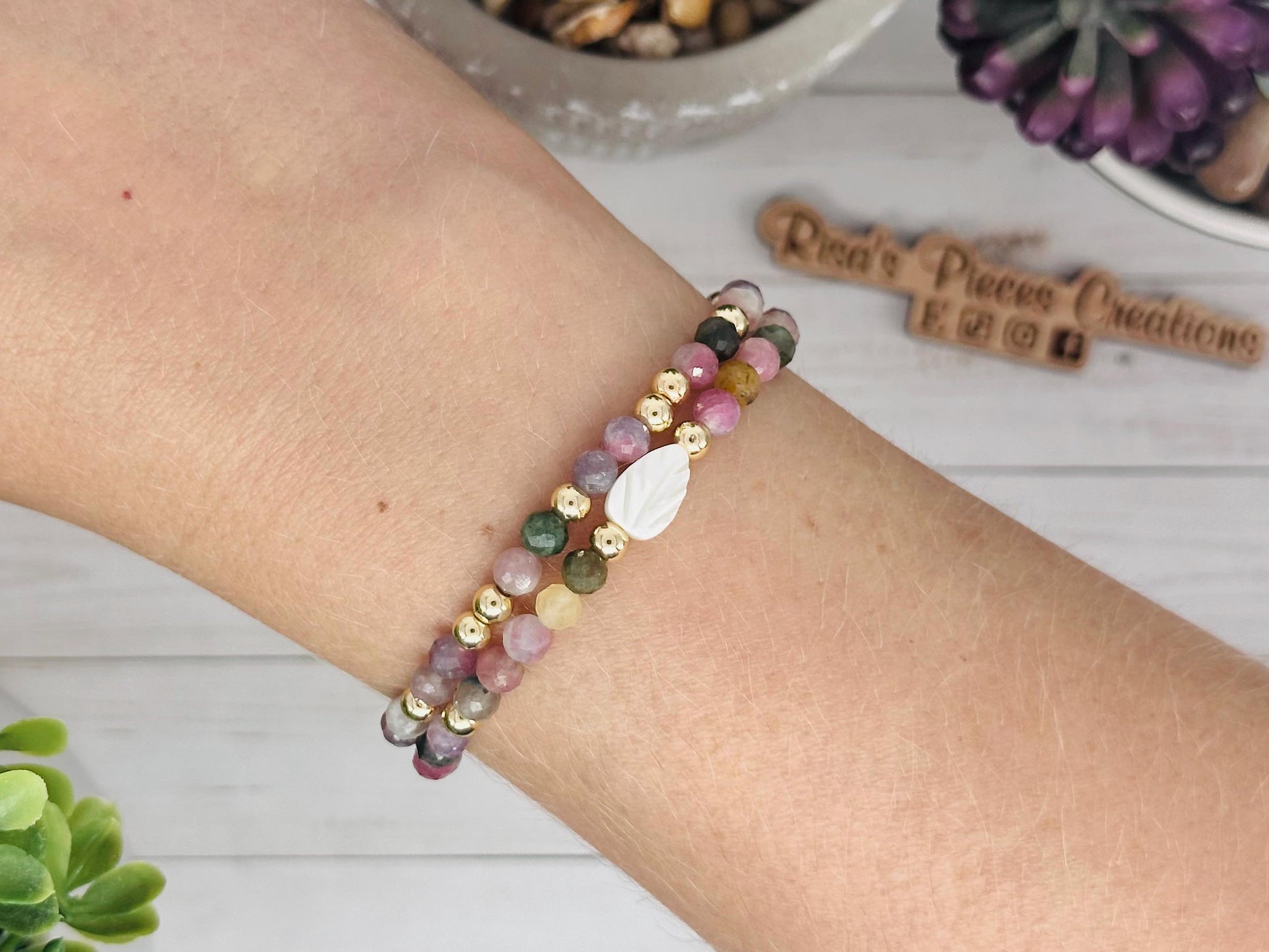 Tourmaline and Gold Gemstone Bracelet Set with Mother of Pearl Carved Leaf, Handmade Minimalist Gemstone Jewelry, Birthday Gift For Mom
