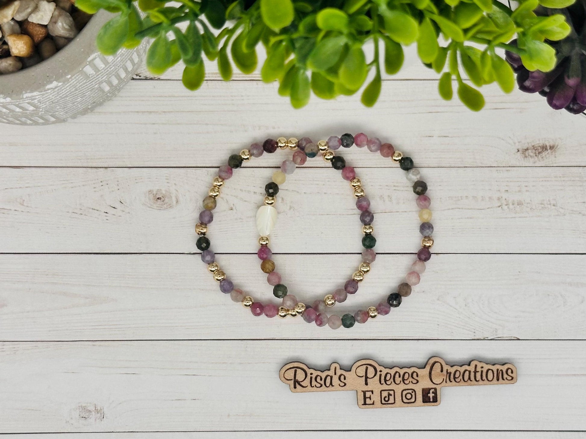 Tourmaline and Gold Gemstone Bracelet Set with Mother of Pearl Carved Leaf, Handmade Minimalist Gemstone Jewelry, Birthday Gift For Mom