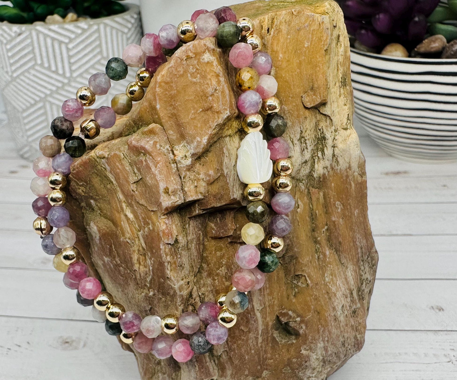 Tourmaline and Gold Gemstone Bracelet Set with Mother of Pearl Carved Leaf, Handmade Minimalist Gemstone Jewelry, Birthday Gift For Mom