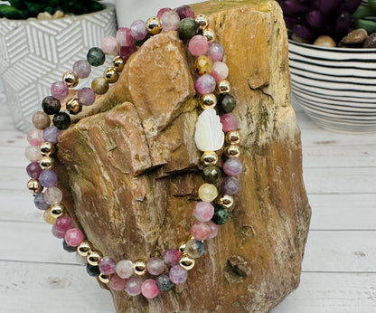 Tourmaline and Gold Gemstone Bracelet Set with Mother of Pearl Carved Leaf, Handmade Minimalist Gemstone Jewelry, Birthday Gift For Mom