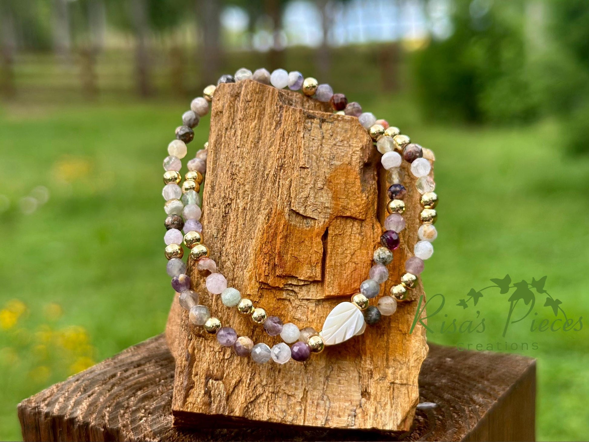 Faceted Mixed Gemstone and Gold Beaded Stretch Bracelet Set, Mother of Pearl Leaf, Handmade Gemstone Jewelry, Birthday Gift For Mom, for Her