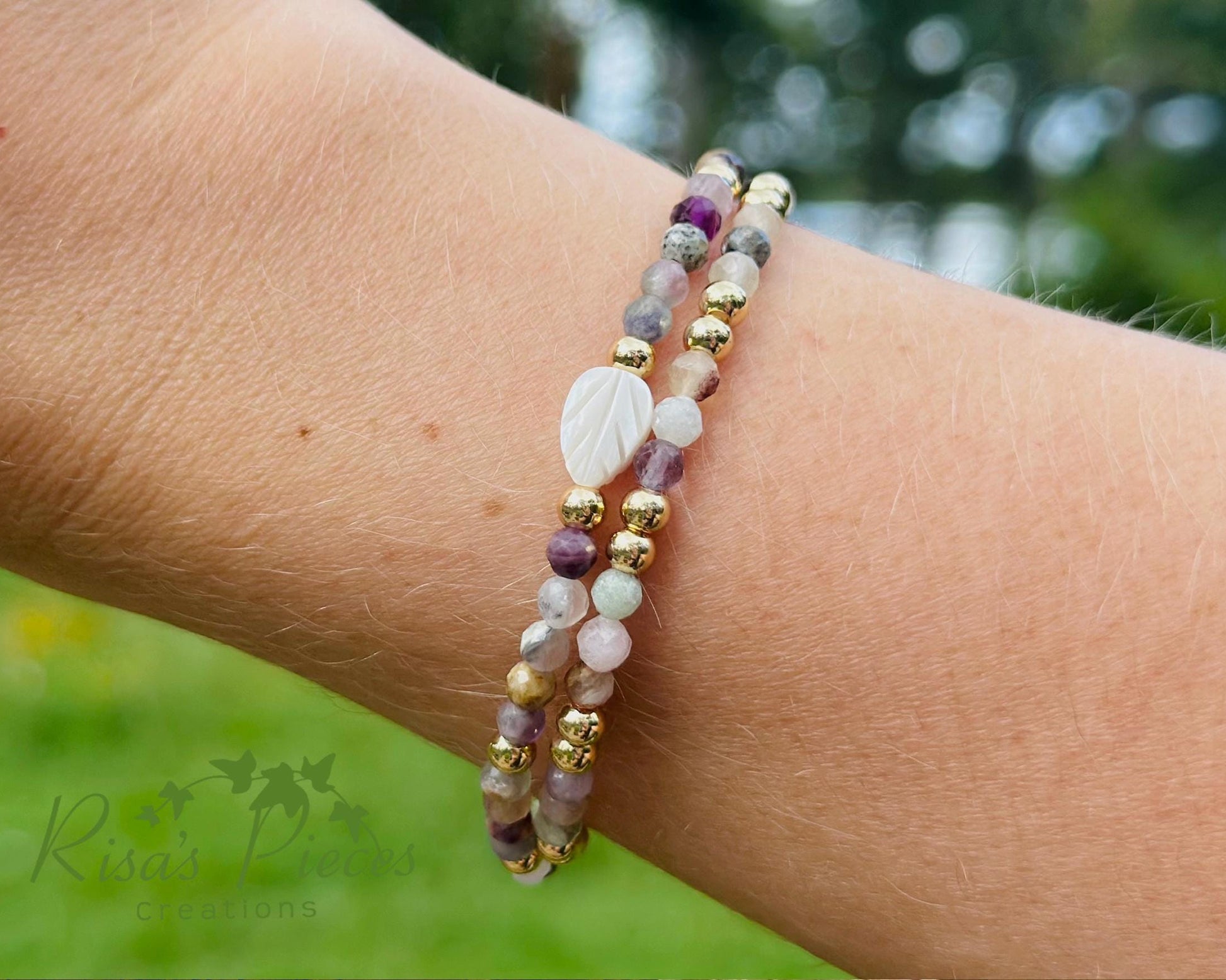 Faceted Mixed Gemstone and Gold Beaded Stretch Bracelet Set, Mother of Pearl Leaf, Handmade Gemstone Jewelry, Birthday Gift For Mom, for Her