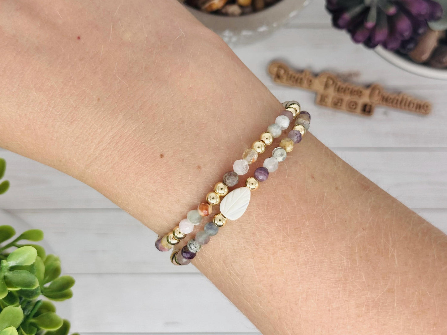 Faceted Mixed Gemstone and Gold Beaded Stretch Bracelet Set, Mother of Pearl Leaf, Handmade Gemstone Jewelry, Birthday Gift For Mom, for Her