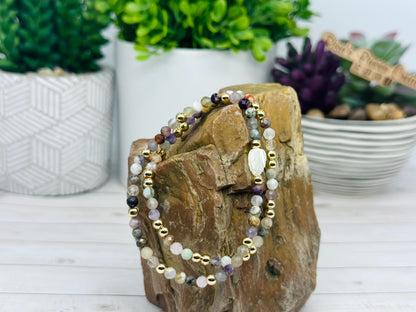 Faceted Mixed Gemstone and Gold Beaded Stretch Bracelet Set, Mother of Pearl Leaf, Handmade Gemstone Jewelry, Birthday Gift For Mom, for Her