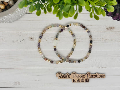 Faceted Mixed Gemstone and Gold Beaded Stretch Bracelet Set, Mother of Pearl Leaf, Handmade Gemstone Jewelry, Birthday Gift For Mom, for Her
