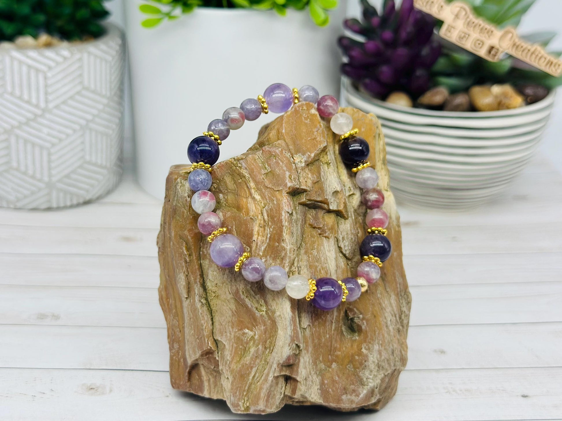 The Duchess, Amethyst and Pink Purple Tourmaline Stretch Bracelet, February Birthday Gift for Mom, Mother’s Day, Gemstone Jewelry for Her