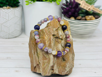 The Duchess, Amethyst and Pink Purple Tourmaline Stretch Bracelet, February Birthday Gift for Mom, Mother’s Day, Gemstone Jewelry for Her
