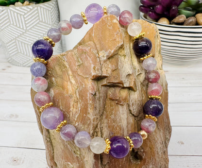 The Duchess, Amethyst and Pink Purple Tourmaline Stretch Bracelet, February Birthday Gift for Mom, Mother’s Day, Gemstone Jewelry for Her