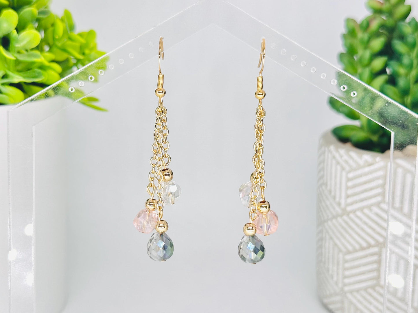 Multi Strand Iridescent Glass Dangle Earrings, Birthday Gift For Mom, Hypoallergenic, Gold jewelry Gift for wife, Elegant Birthday Gift