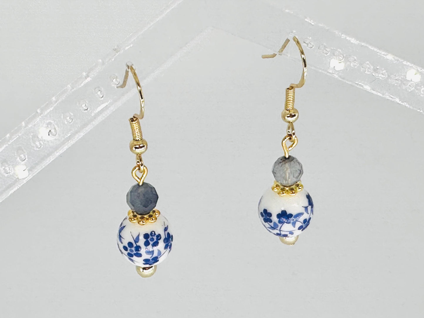 Blue Ceramic Floral and Iolite Dangle Earrings, Handmade Gemstone Jewelry, Birthday Gift For Mom, Hypoallergenic, Gold jewelry Gift for wife
