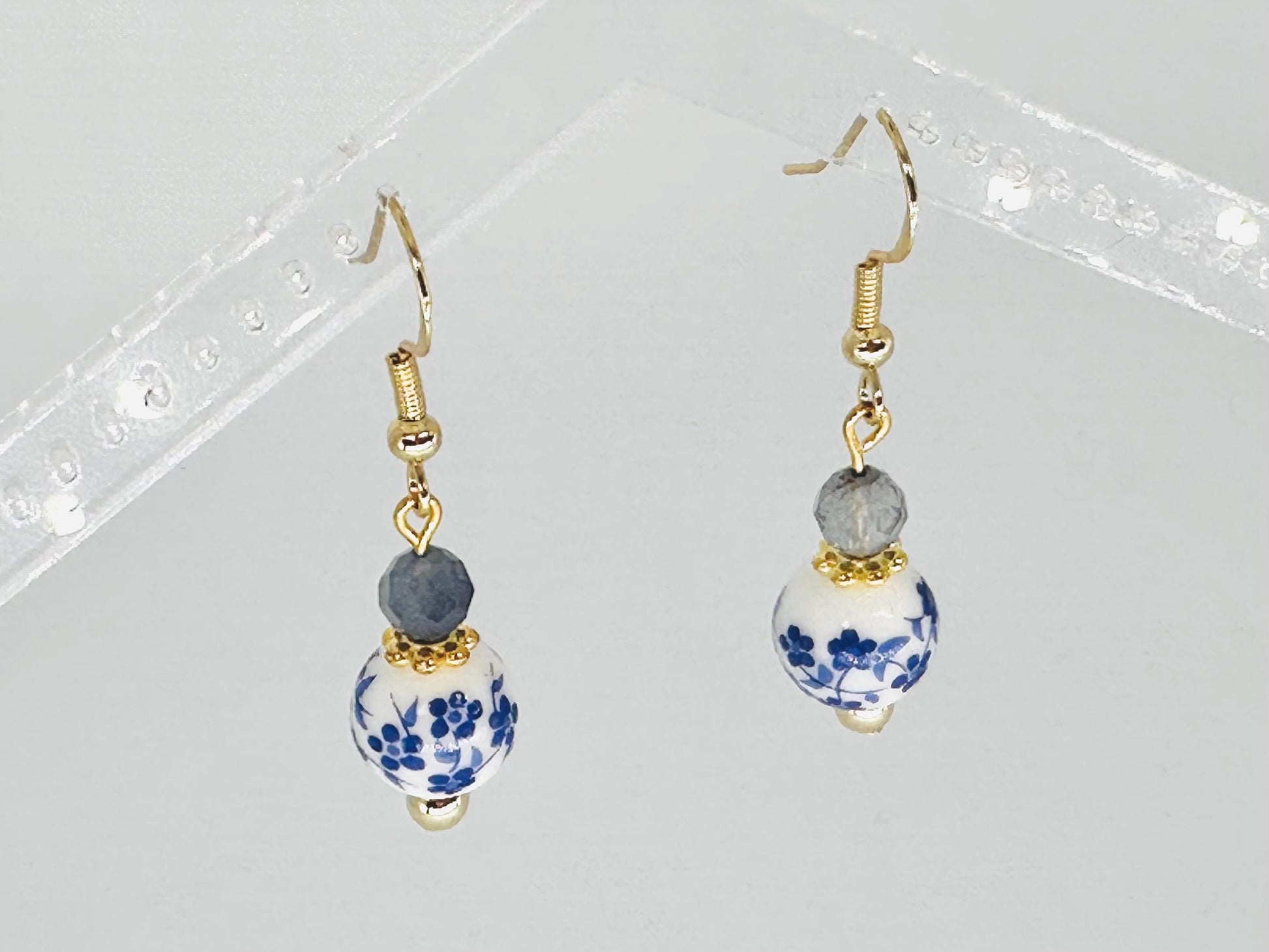 Blue Ceramic Floral and Iolite Dangle Earrings, Handmade Gemstone Jewelry, Birthday Gift For Mom, Hypoallergenic, Gold jewelry Gift for wife