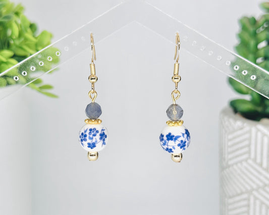 Blue Ceramic Floral and Iolite Dangle Earrings, Handmade Gemstone Jewelry, Birthday Gift For Mom, Hypoallergenic, Gold jewelry Gift for wife