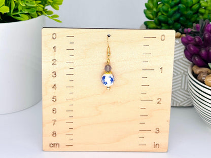 Blue Ceramic Floral and Iolite Dangle Earrings, Handmade Gemstone Jewelry, Birthday Gift For Mom, Hypoallergenic, Gold jewelry Gift for wife