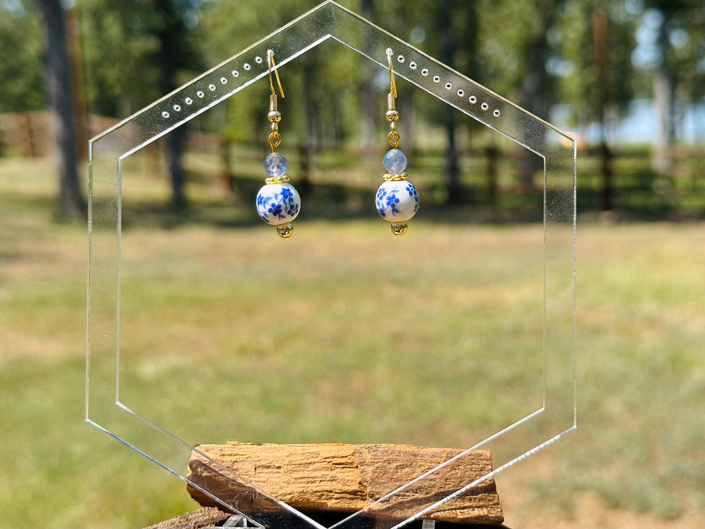 Blue Ceramic Floral and Iolite Dangle Earrings, Handmade Gemstone Jewelry, Birthday Gift For Mom, Hypoallergenic, Gold jewelry Gift for wife