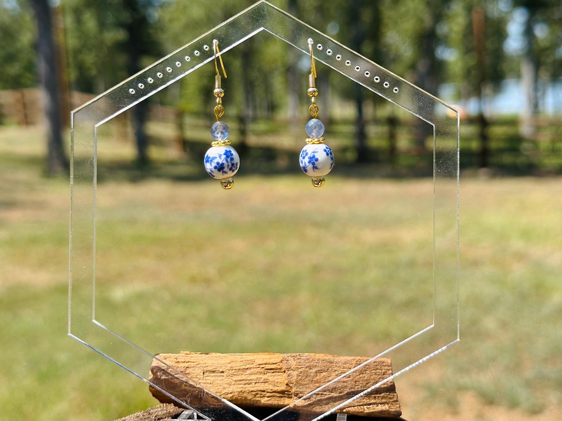 Blue Ceramic Floral and Iolite Dangle Earrings, Handmade Gemstone Jewelry, Birthday Gift For Mom, Hypoallergenic, Gold jewelry Gift for wife