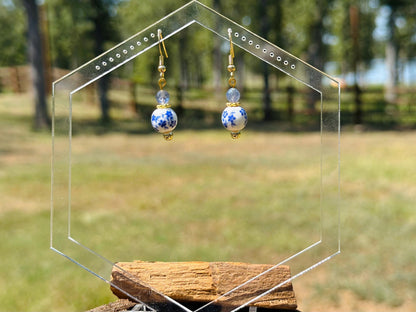 Blue Ceramic Floral and Iolite Dangle Earrings, Handmade Gemstone Jewelry, Birthday Gift For Mom, Hypoallergenic, Gold jewelry Gift for wife