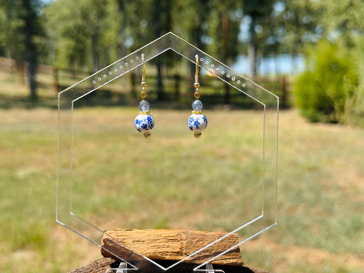 Blue Ceramic Floral and Iolite Dangle Earrings, Handmade Gemstone Jewelry, Birthday Gift For Mom, Hypoallergenic, Gold jewelry Gift for wife