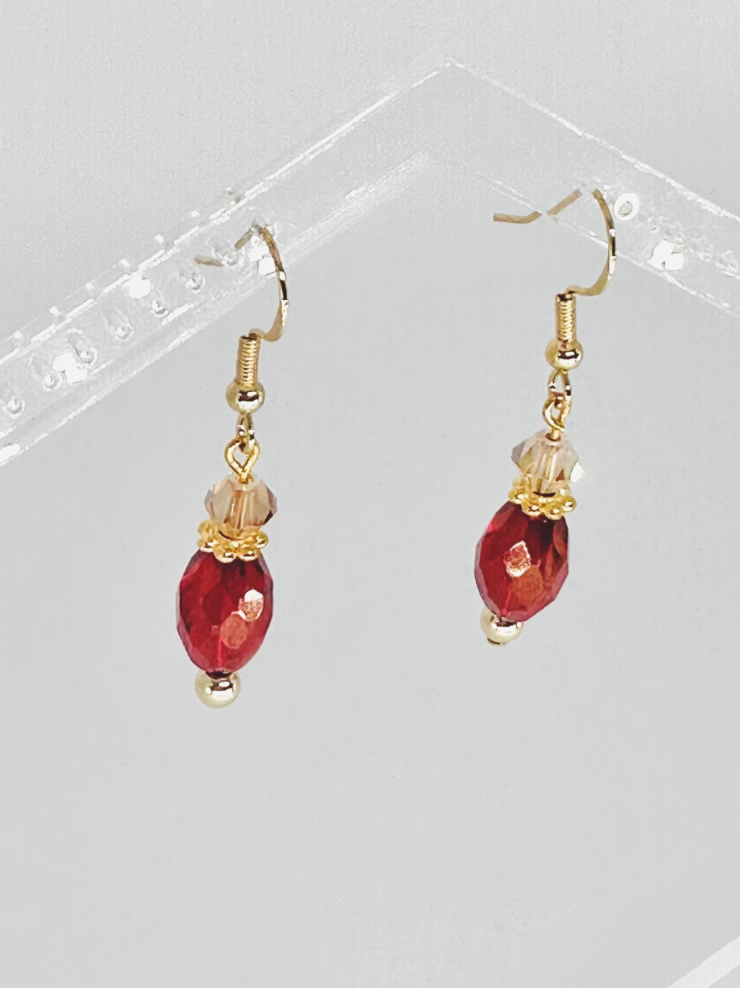 Ruby Red and Champagne Czech Glass Dangle Earrings, Birthday Gift For Mom, Hypoallergenic, Gold jewelry Gift for wife, Elegant Birthday Gift
