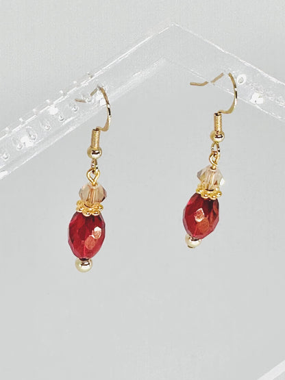 Ruby Red and Champagne Czech Glass Dangle Earrings, Birthday Gift For Mom, Hypoallergenic, Gold jewelry Gift for wife, Elegant Birthday Gift