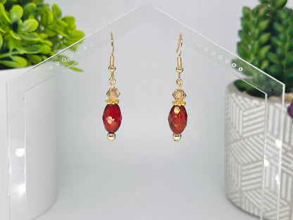Ruby Red and Champagne Czech Glass Dangle Earrings, Birthday Gift For Mom, Hypoallergenic, Gold jewelry Gift for wife, Elegant Birthday Gift