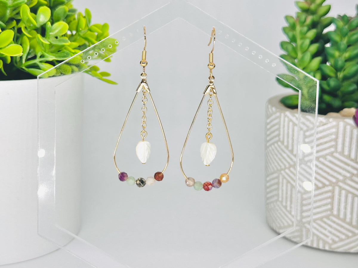 Faceted Mixed Gemstone and Gold Teardrop Earrings with Mother of Pearl Leaf, Handmade Gemstone Jewelry, Birthday Gift For Mom, for Her