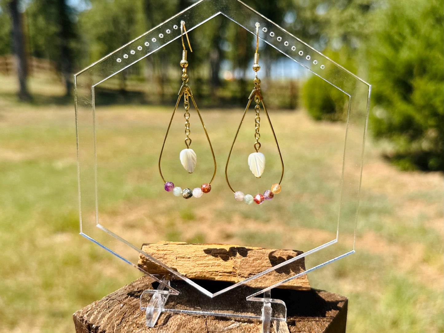 Faceted Mixed Gemstone and Gold Teardrop Earrings with Mother of Pearl Leaf, Handmade Gemstone Jewelry, Birthday Gift For Mom, for Her